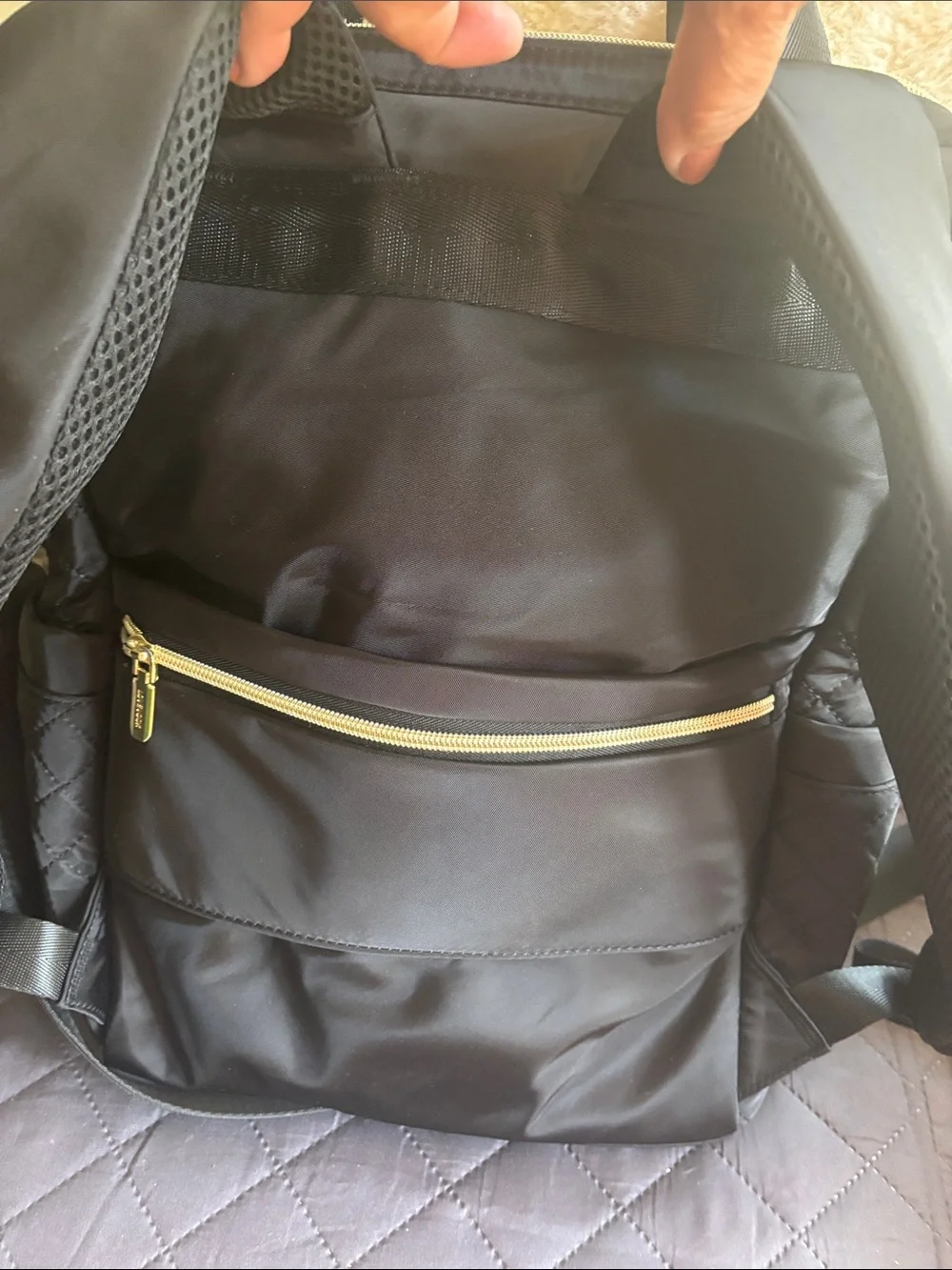Stylish Quilted Black Backpack with Gold Hardware